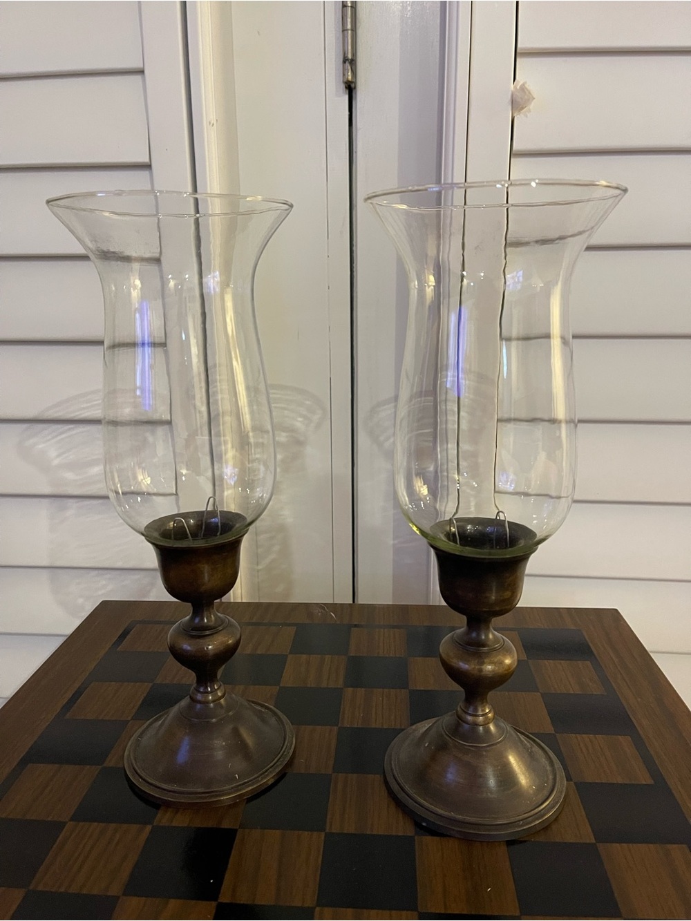 Pair of Brass Finish Hurricane Candle Holders with Clear Glass Shades